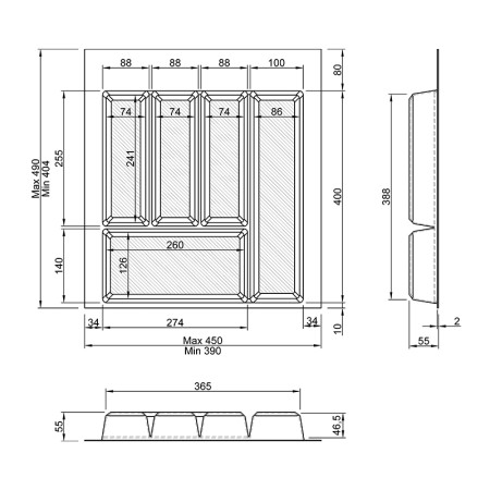 Лоток для столових приборів W=500 (450-390mm) L=500 H=55 антрацит MULLER