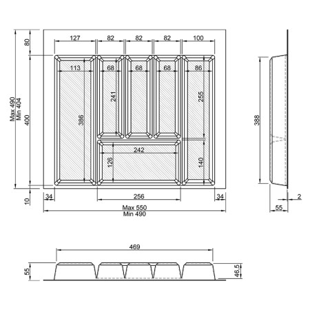 Лоток для столових приборів W=600 (550-490mm) L=500 H=55 білий матовий MULLER