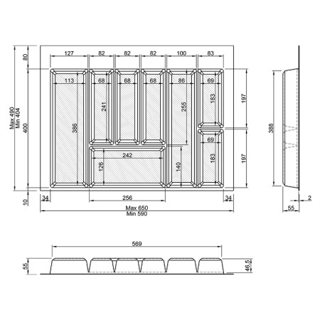 Лоток для столових приборів W=700 (650-590mm) L=500 H=55 антрацит MULLER