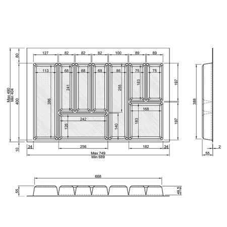 Лоток для столових приборів W=800 (750-690mm) L=500 H=55 антрацит MULLER