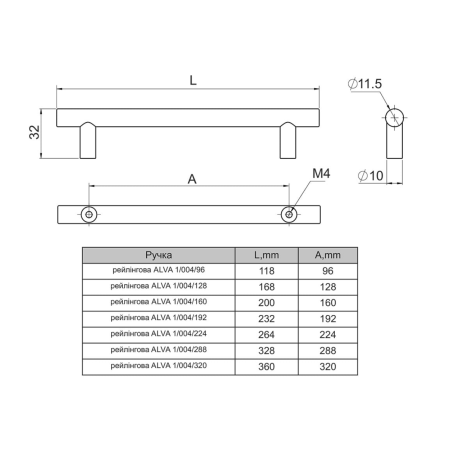 Ручка рейлинговая ALVA 1004/288 хром