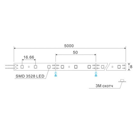 Світлодіодна стрічка для кухні 3528 SMD, 60 LEDs / м, 4,8 Вт, 12В, IP65, холодне світло (Кратно 1м)