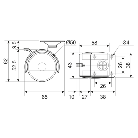 Ролик меблевий з майданчиком d-50мм з гальмом